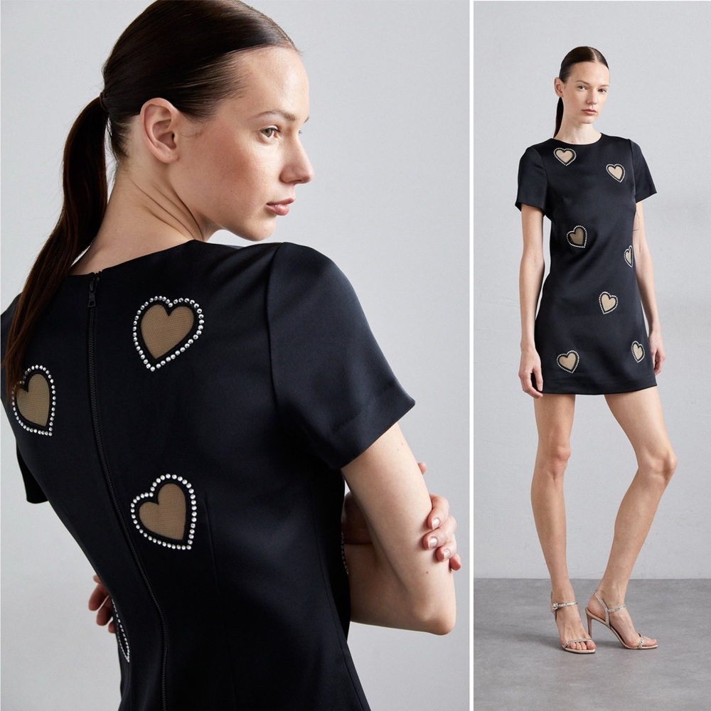 Alice + Olivia Clyde Crystal-Embellished Heart Shift Minidress Black Size 4 NWOT - Picture 3 of 14